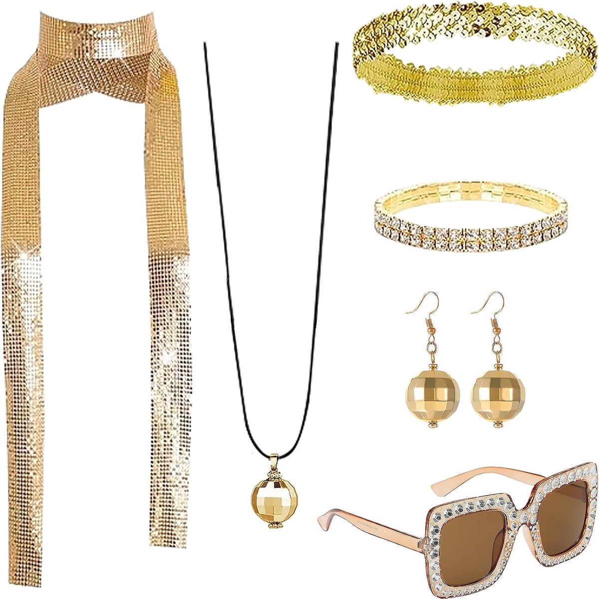 Discotheekaccessoires voor dames, 6-delige disco-accessoires uit de jaren '70, carnavalsaccessoires voor vrouwen, set met accessoires voor discotheekkostuums, 70s discoteca-accessoires