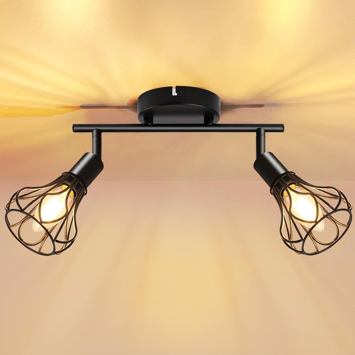 Plafondlamp, led-plafondlamp, E14, plafondspot, 2 lampen, draaibaar, 350 graden, plafondspots, retro, keukenlamp, woonkamerlamp, zwart, lamp voor keuken, woonkamer, hal, slaapkamer, zonder