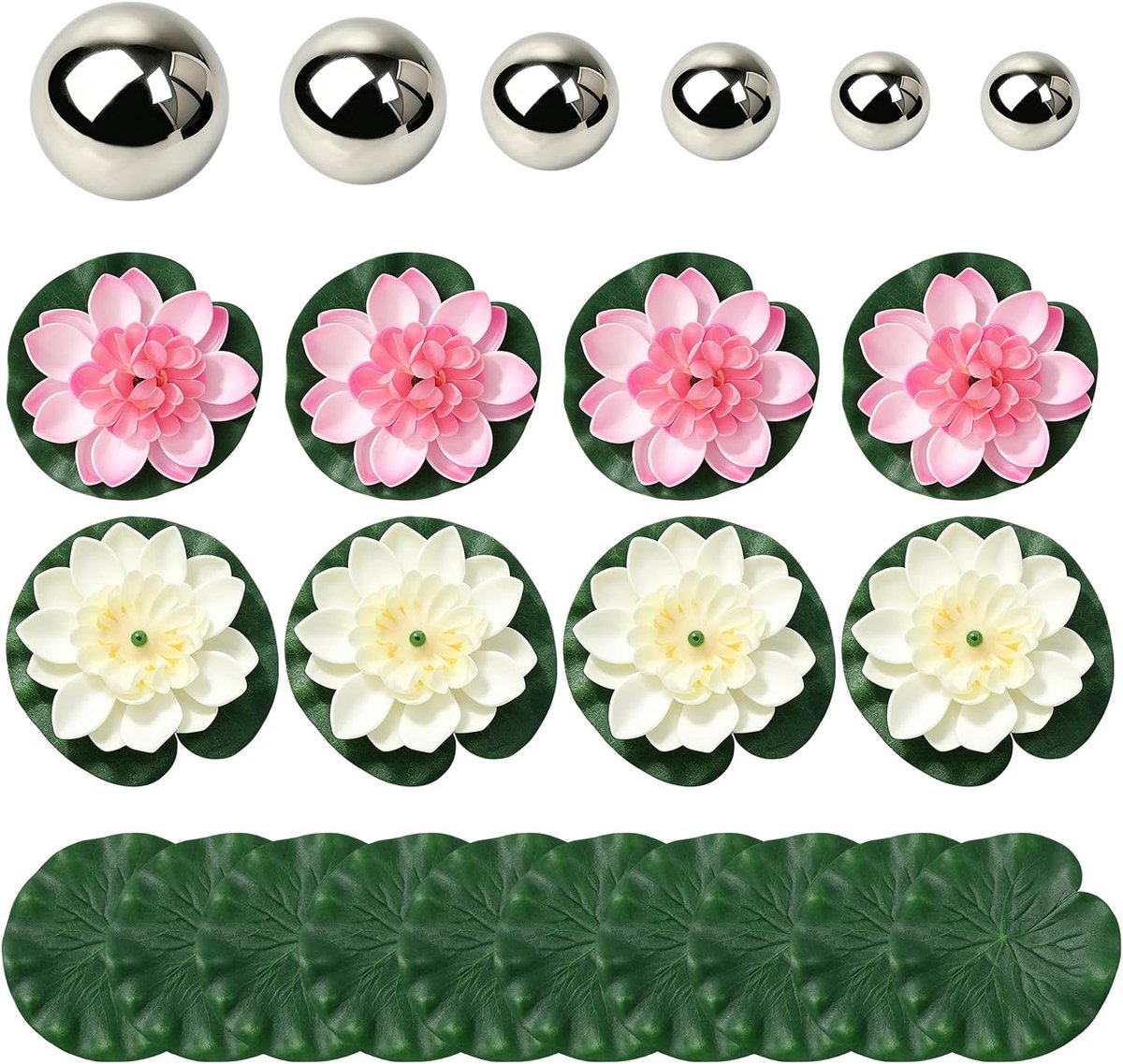 24-delige vijverdecoratieset, roestvrij stalen zwemballen, kunstmatige roze en witte waterleliezen, drijvende lotusbladeren voor tuinvijver zwembad