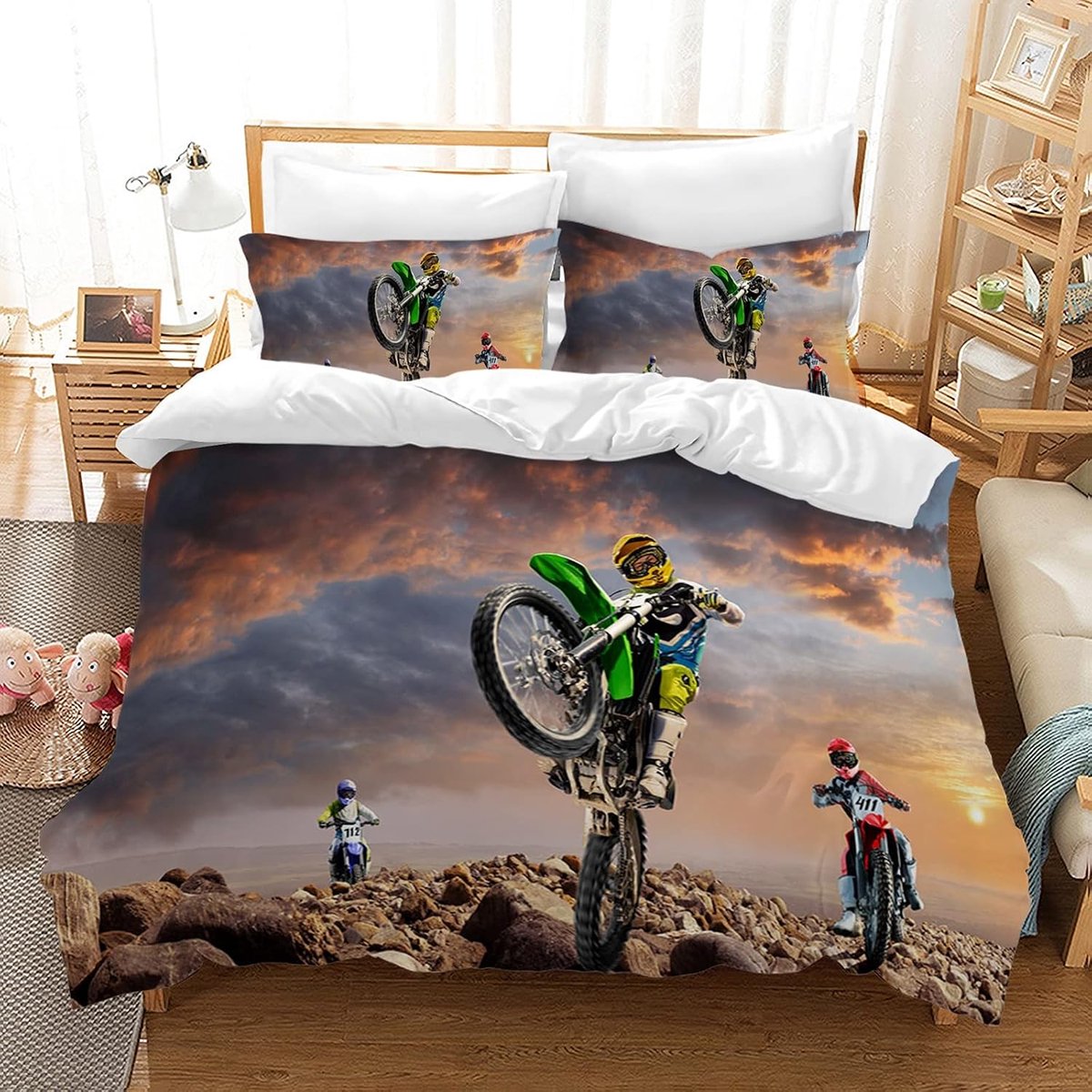 Dekbedovertrek, 3D-motorfiets, 3D-print, motief: Extremsport, motorfiets, beddengoedset met 2 kussenslopen, voor volwassenen en kinderen (135 x 200 cm, Moto2)
