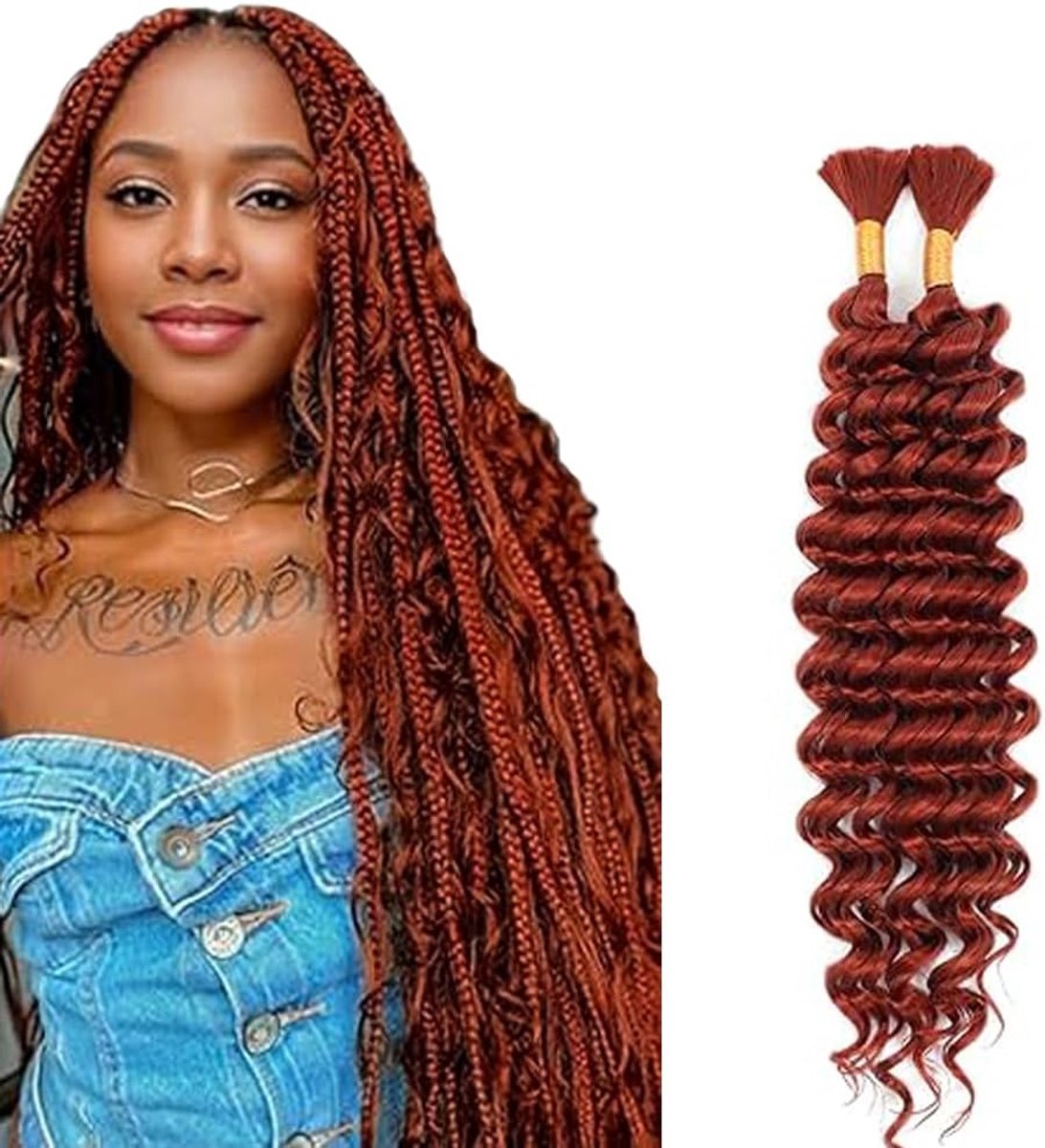 Wave Bulk Human Braiding Hair for Boho Braids Knotless Braids Total 100g 2 Bundles 24 24 Inch Human Hair Extension Unprocessed No Weft #33 Reddish Brown for Women