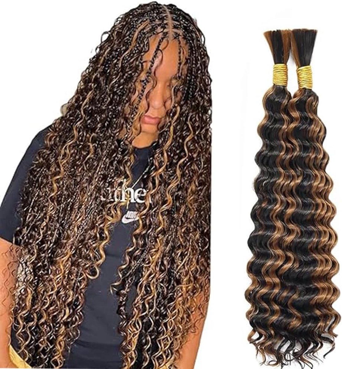 Wave Bulk Human Braiding Hair for Boho Braids Knotless Braids Total 100g 2 Bundles 30 30 Inch Human Hair Extension Unprocessed No Weft P430 Highlight Brown for Women