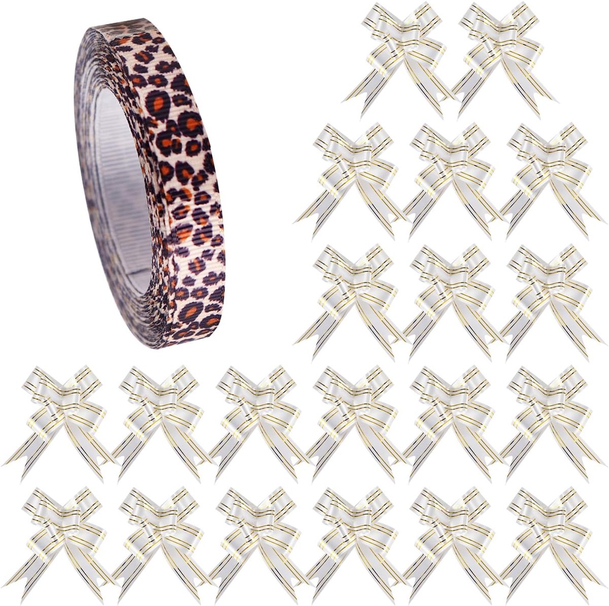 1 x luipaardprintband en 20 stuks witte bast, cadeaudecoratie, verpakkingstape met luipaardpatroon, decoratief lint, knutselaccessoires
