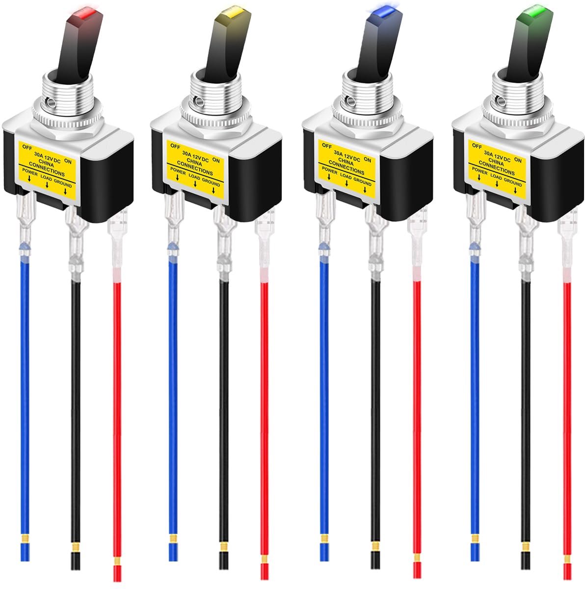 4 stuks verlichte tuimelschakelaar, DC 12 V, 30 A, SPST, 3-pins, aan van rood/blauw/groen/geel, led-schakelaar voor auto, boot, met vergrendelde klemmen, draden, 4 kleuren