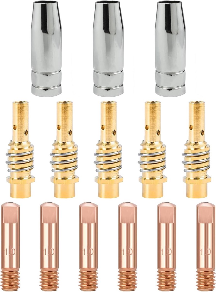 14 stuks accessoires voor MIG/MAG lasapparaat, set van verbruiksmaterialen, 6 contactpunten 1,0 mm M6, 5 diffusorpunten, 3 gasmondstukken voor het lassen AK-15/MB-15