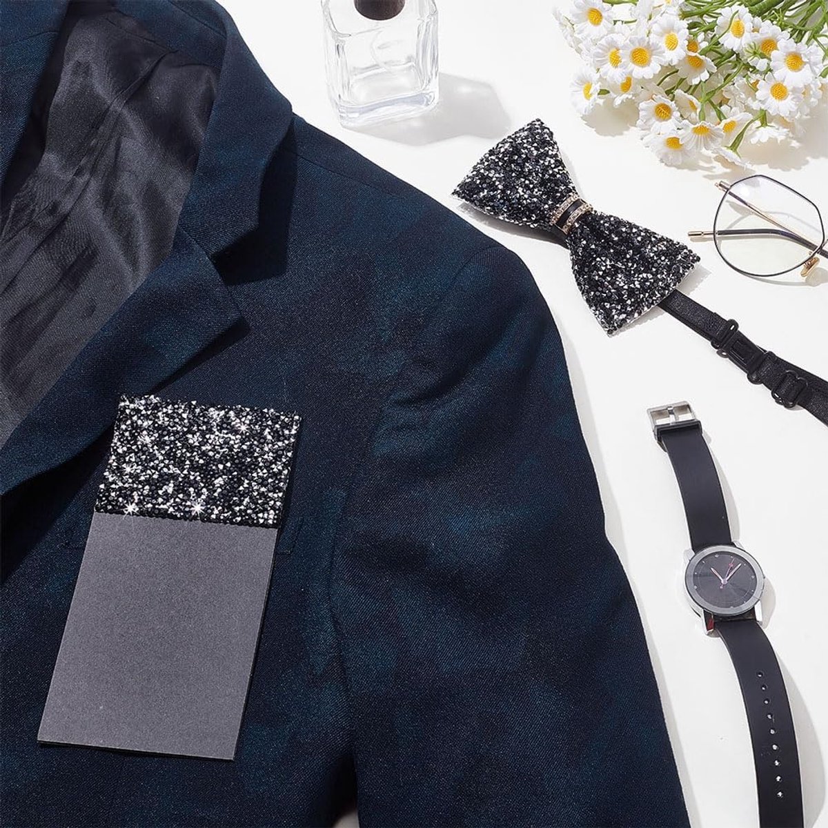 2 stuks strass vlinderdas set voor mannen, fonkelende voorgevouwen zakvierkanten glitter voorgebonden vlinderdassen voor prom bruiloft feest pak jas accessoires, zwart