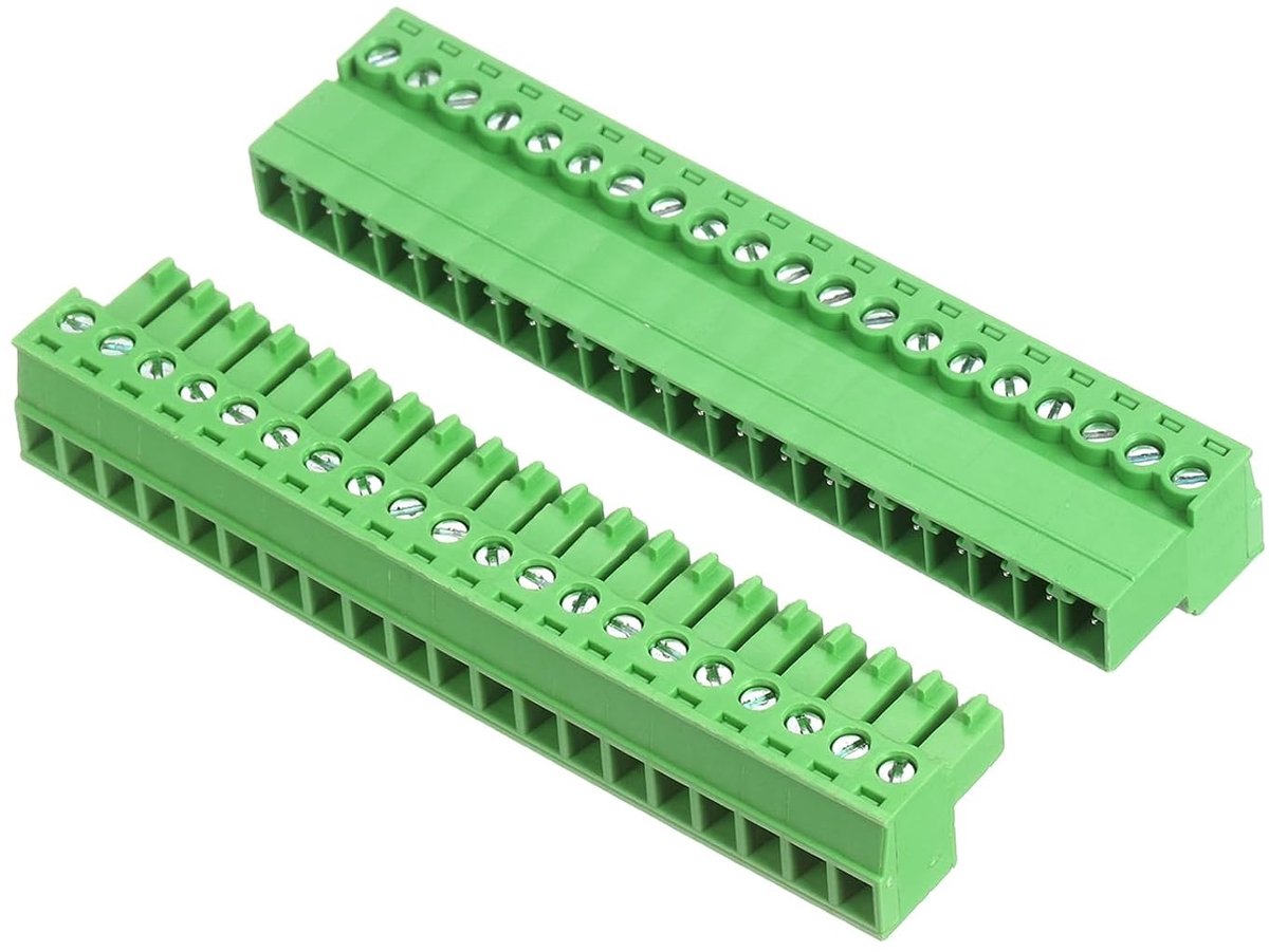 1 x set klemlijstblok, printplaatmontage, 20-polig, met 3,81 mm stijging, rechthoekige stekker voor elektronische audio- en energiemodules.