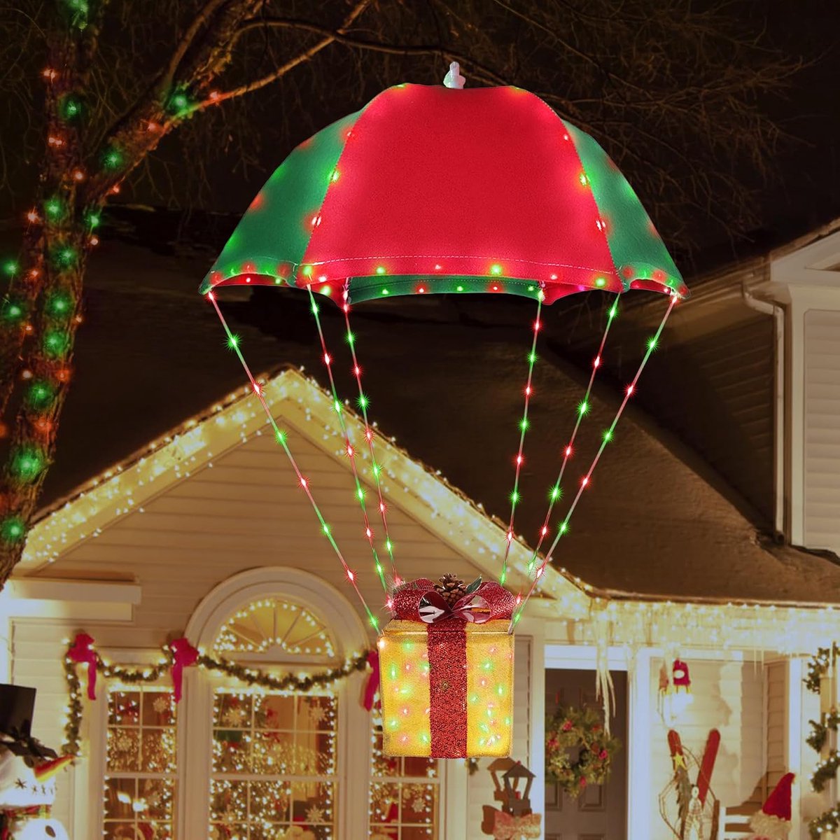 Kerstverlichting voor buiten, batterij, 85 cm, led-geschenkdoos, parachutelichtketting, batterij met timer, 8 modi, waterdichte lichtketting voor kerstdecoratie, binnen en buiten, ramen, rood