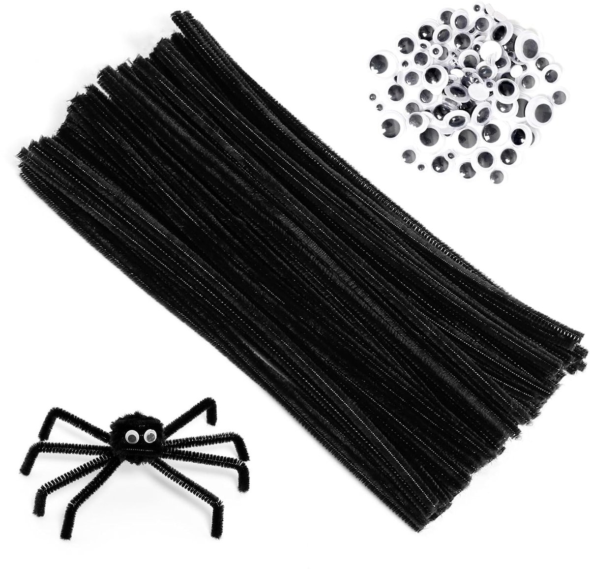Knutsel Pijpenragers - Chenilledraad Sets - Creatief Knutselen - Inclusief Plakoogjes - 200 Stuks - Zwart