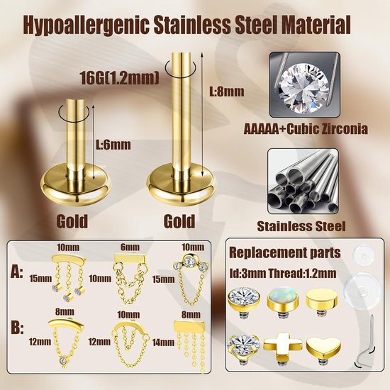 16G gouden bengelende lipring - 6 mm 8 mm labret studs voor kraakbeen, helix, tragus, lob - hypoallergeen roestvrij staal, 3 stuks met insertie taper & siliconen schijven — afbeelding 5