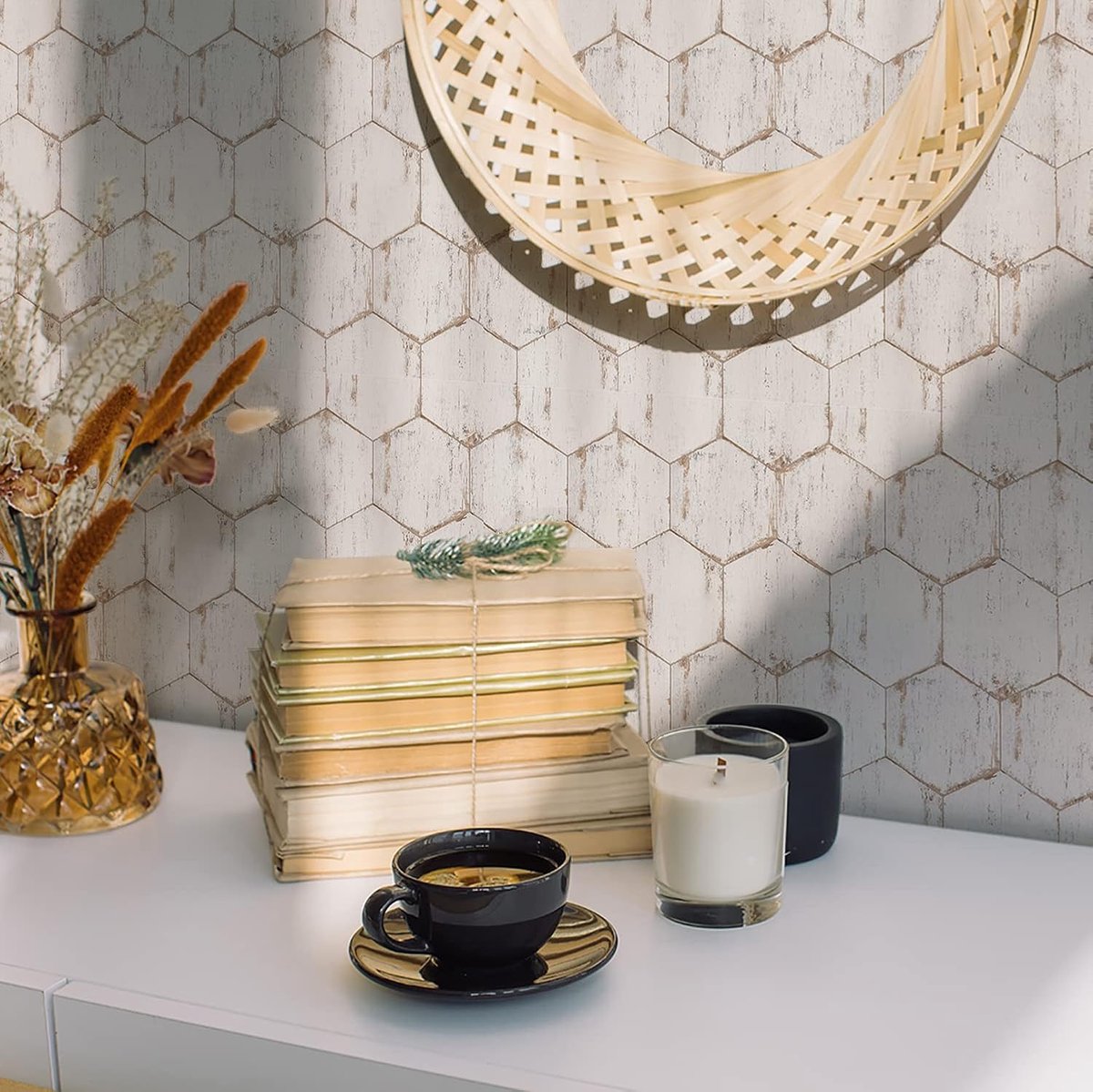 Vinyl vloer of muur tegelsticker, antislip tegel stickers met plakkende achterkant voor keuken, badkamer. Zelfklevende pel-en-plak PVC vloer sticker doe-het-zelf, houtkleurig (Scandi Hex Wood), 30 x 15 cm x 4 stuks set