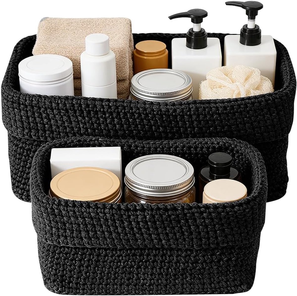 2 stuks, stapelbare opbergmanden, gevlochten katoenen touw, geweven badmanden voor handdoeken, cosmetica, speelgoed, sieraden, kleine voorwerpen (zwart)