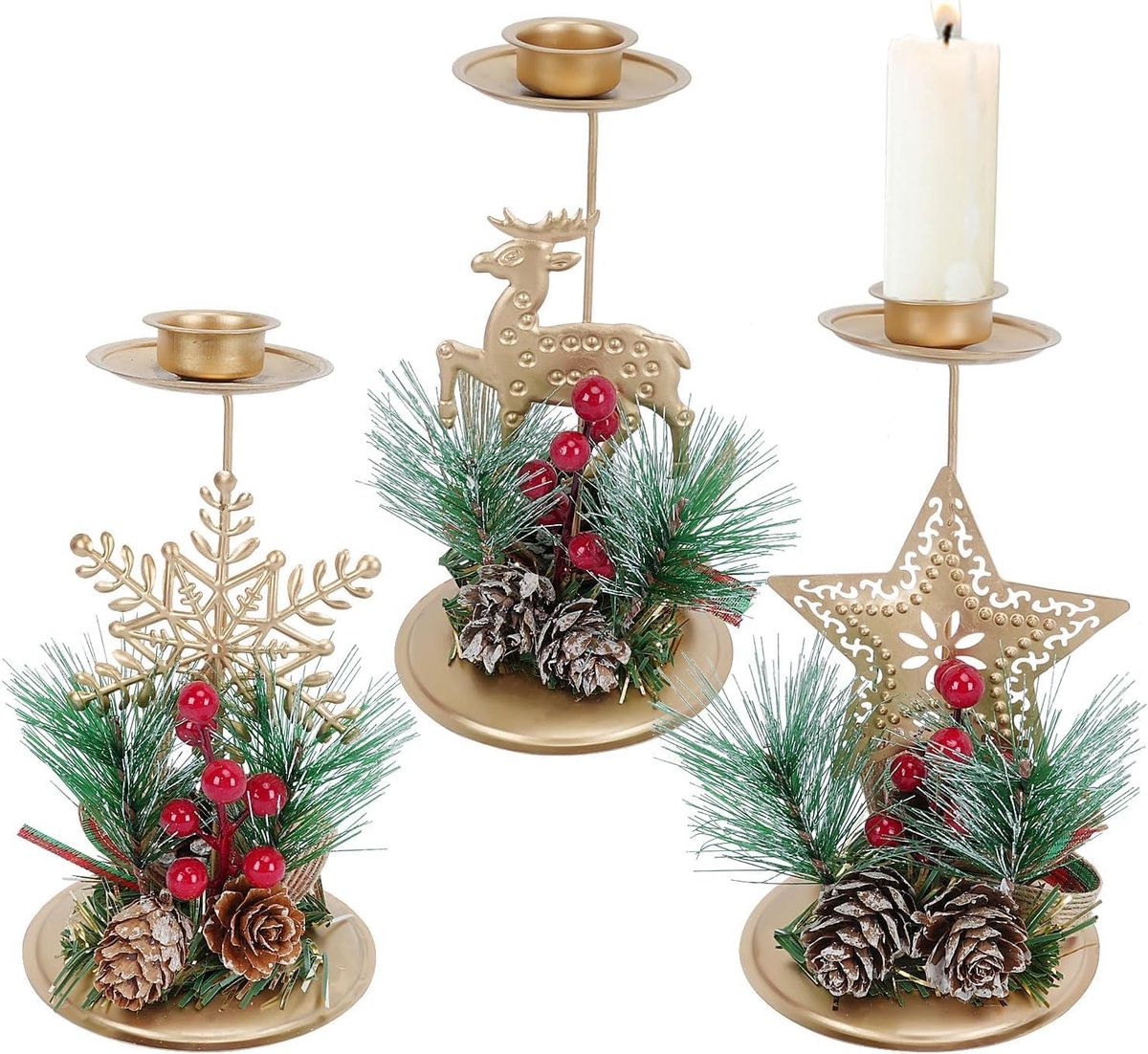 3 stuks kerstkandelaars gouden kaarsenhouder metalen kandelaars Kerstmis grenen decoratie kandelaar advent kandelaar voor advent tafel decoratie 15 x 8 cm