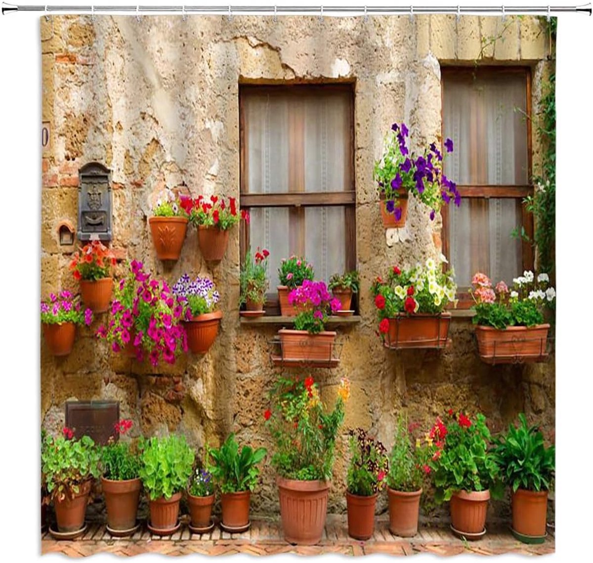 Douchegordijn in boerderijstijl tuin ingemaakte Italiaanse groene planten vintage ramen 3D-print mediterrane Griekenland scène badkamerdecoratie polyester stof met haken (228 x 187 cm)