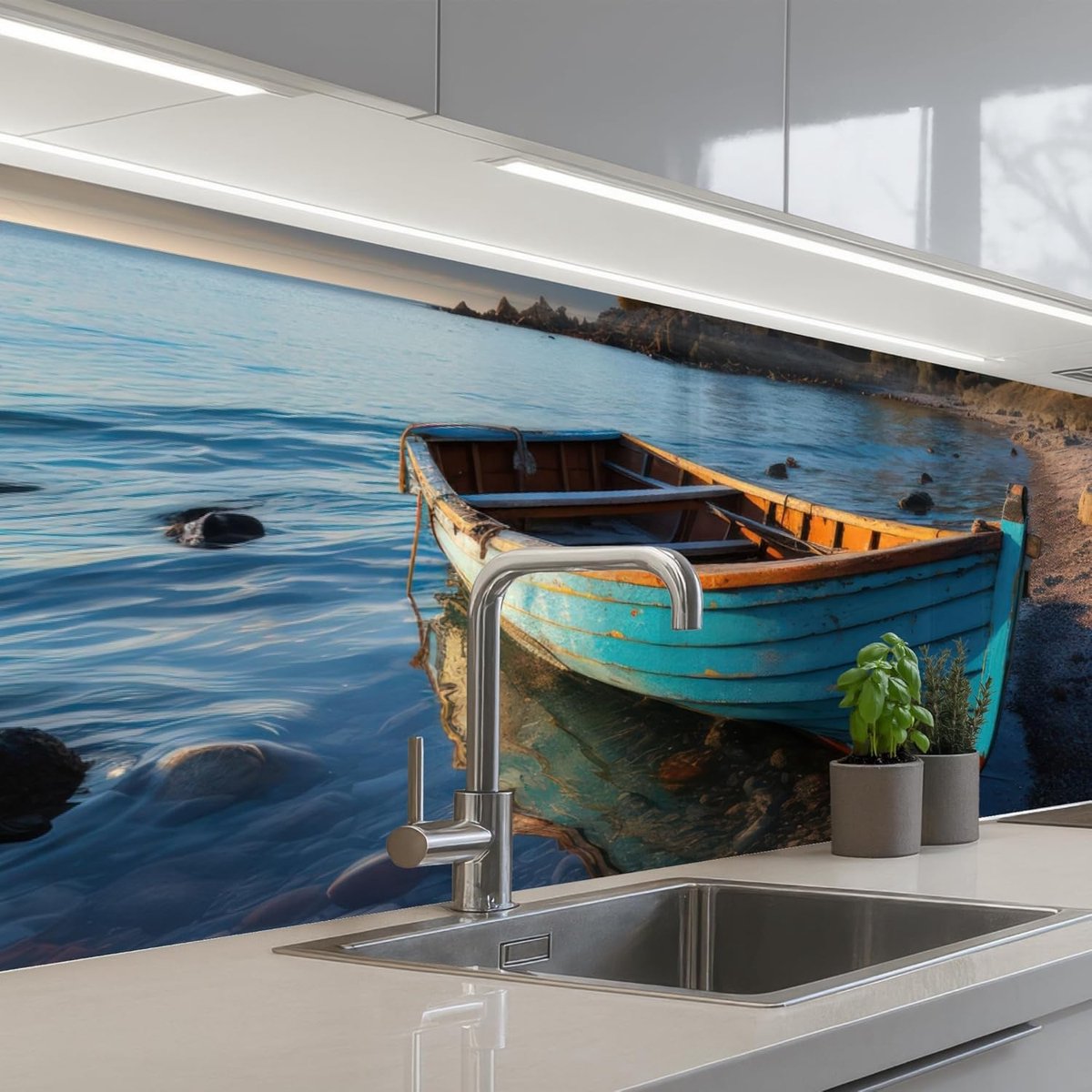 Keukenachterwand 60x200 cm zelfklevend keuken decoratie accessories home kitchen spatscherm Boot - Meer - Natuur - Maritiem - Water