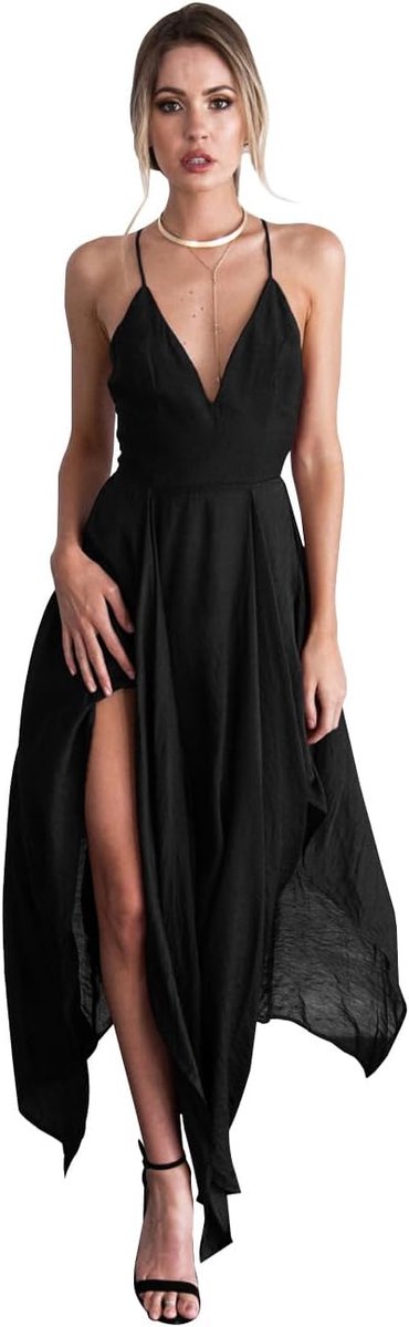 Maxi-jurk voor dames, laag uitgesneden rugloze maxi-jurk, mouwloos, A-lijn, V-hals, splitjurk, avondjurk, spaghettibandjes, jurk, cocktailjurk, bruiloft, formeel feest