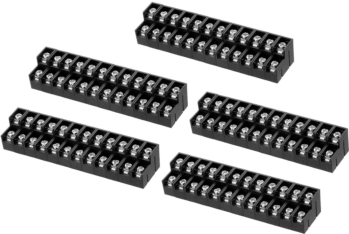 Klemblokken met 12 posities, dubbele rij, 23,5 mm x 102,5 mm, 300 V, 15 A, stap 8,5 mm, PA66, printplaatmontage, schroefklemmen, voor kabels 22-12 AWG, 5 stuks, zwart