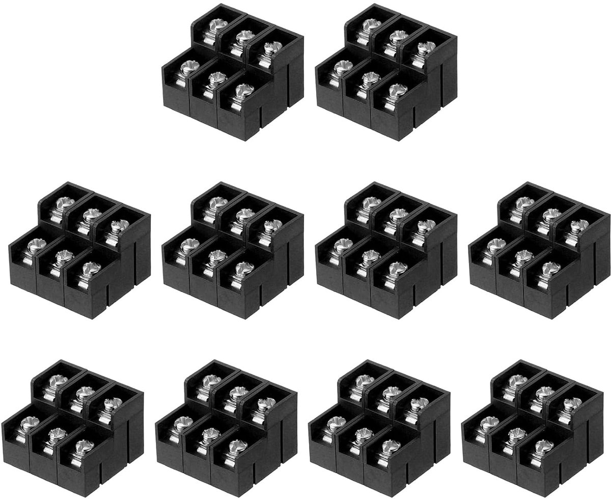 Klemmenblok met 3 posities, dubbele rij, 23,5 mm x 26 mm, 300 V, 15 A, stap 8,5 mm, PA66, printplaatmontage, schroefklemmen voor kabels 22-12 AWG, verpakking van 10 stuks, zwart