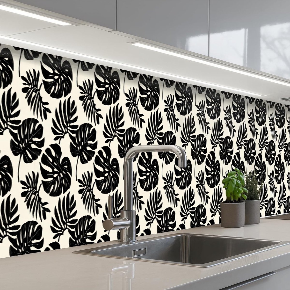 Keukenachterwand 60x500 cm zelfklevend keuken decoratie accessories home kitchen spatscherm Modern - Monstera - Zwart