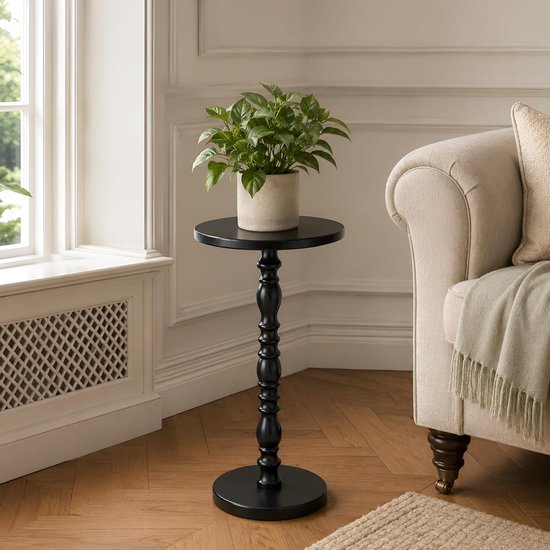 Bijzettafel, massief houten sokkel, drinktafel voor kleine ruimtes, moderne accenttafel met antislip bodem voor woonkamer, slaapkamer, bank, zwart — afbeelding 3