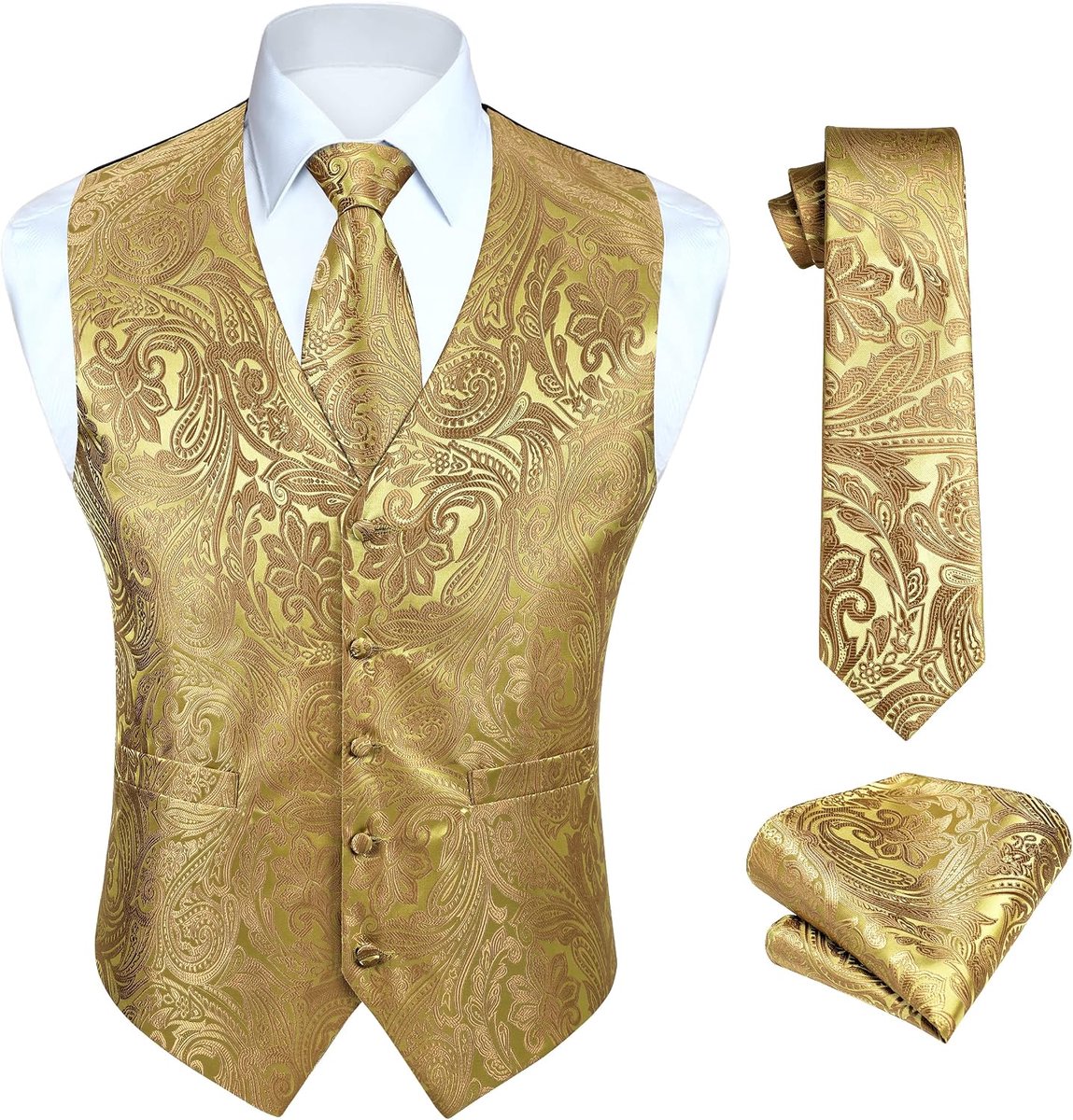 Paisley gilet voor heren, jacquard bloemenmotief, stropdas, pochet, voor bruiloftsfeest, zakelijke pasvorm, set met gilet, XS - 6XL