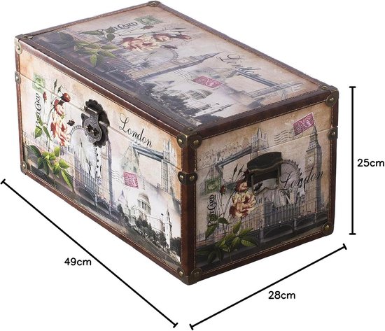 SJ08551 New York, Parijs, Italië, Houten kist met kunstleer overtrokken Schatkist (maat L 49cm x 28cm x 25cm London) — afbeelding 2