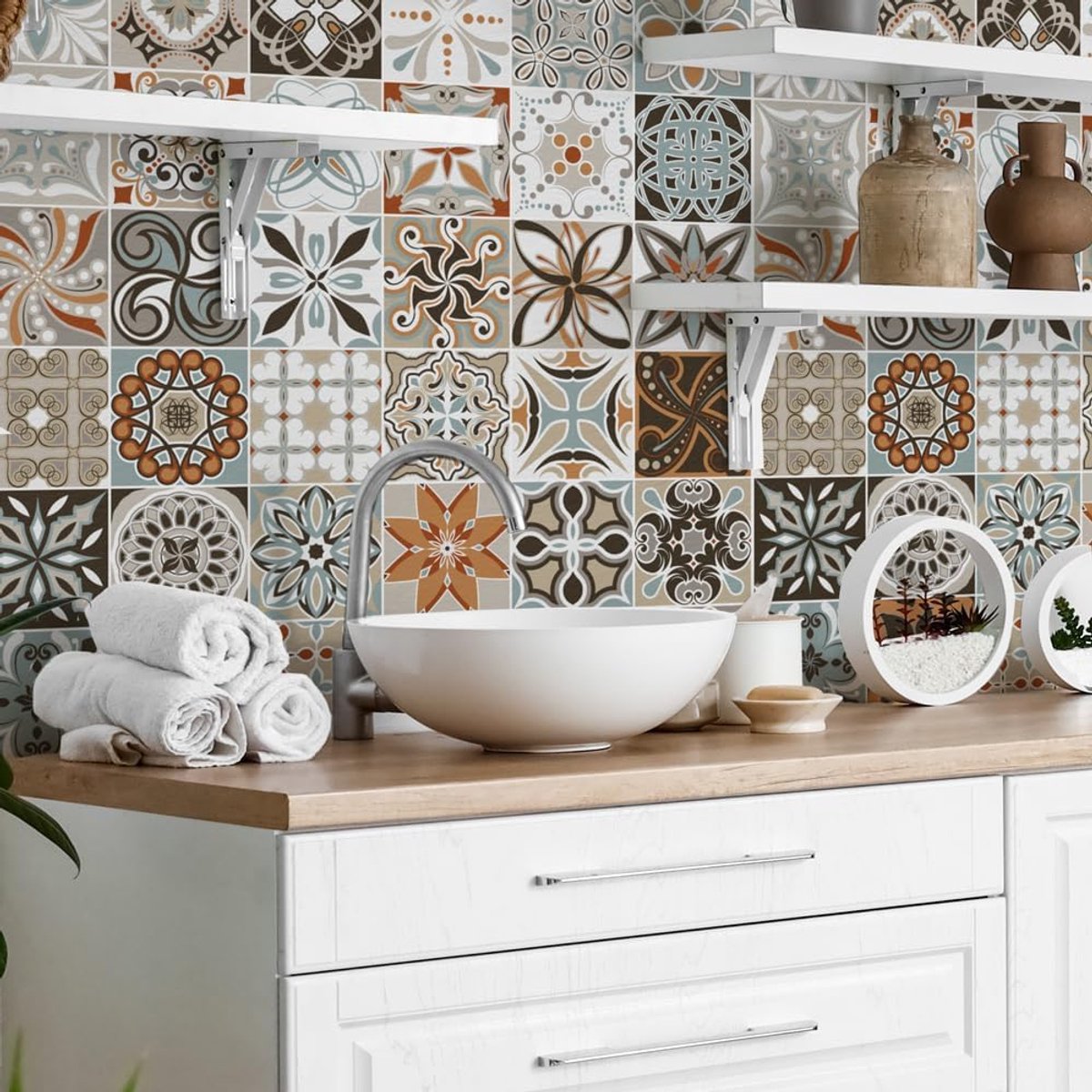 Tegelstickers Badkamer en Keuken 10 Pcs 20x20 cm - PS00009 Wanddecoratie van PVC Waterbestendig Tegels Mozaïek Cementtegels in Azulejos-stijl