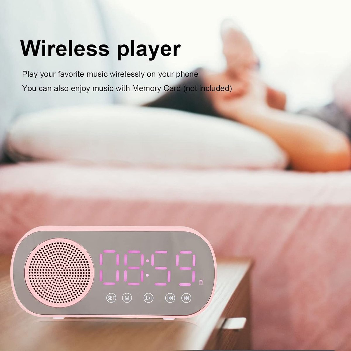 Digitale Wekker - Bluetooth Speaker - Muziek Luisteren - Spiegelscherm Display - 116 x 51 mm - Roze