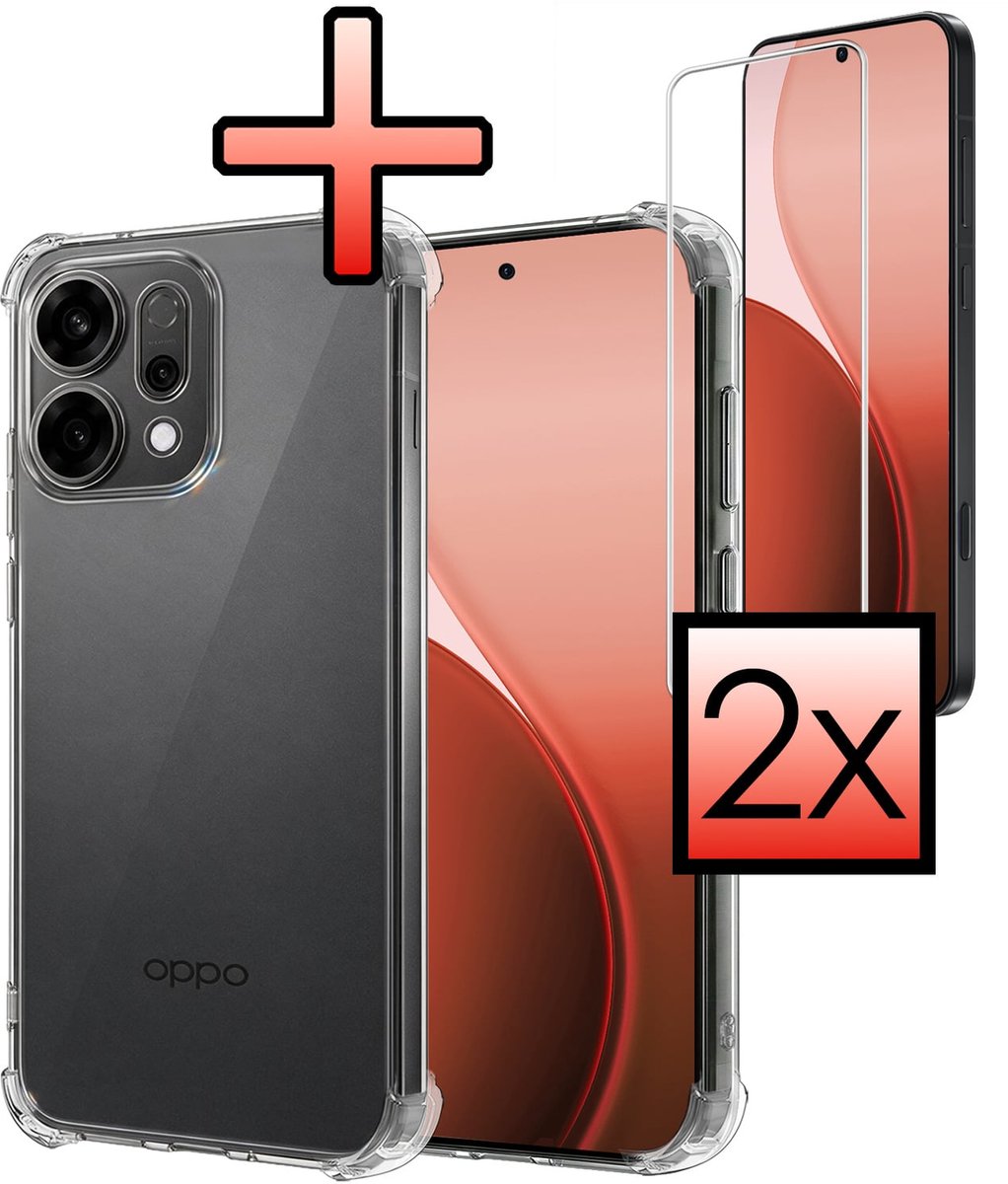 Hoesje - Met Screenprotector - 2 Stuks - Geschikt voor Oppo Reno 14 - Sterk & Shockproof - Siliconen Case - Back Cover - Telefoon Hoes - Shock Proof - Transparant