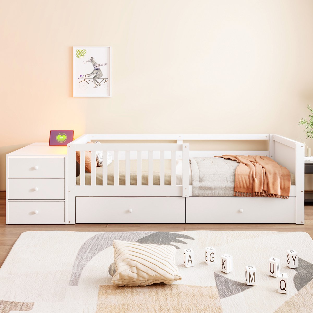 VVBV Kinderbed 90x200 cm - Met Bureau, Uitvalbeveiliging, Opbergruimte, Stopcontact - Wit, Hout