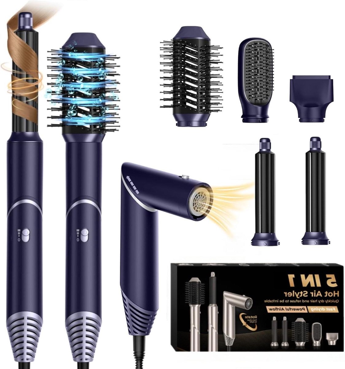 Luchtstyler Set - Haarstyler Krultang - Haar Stylen - 5-in-1 Multifunctioneel - 35 x 17 x 8 cm - Blauw