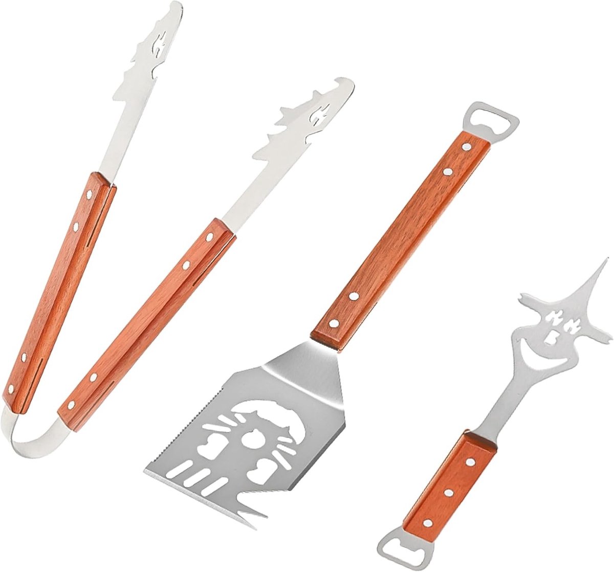 BBQ Gereedschapsset - Roestvrij Staal - 3-delige Set met Houten Handgrepen - Voor Barbecue, Kamperen en Keuken