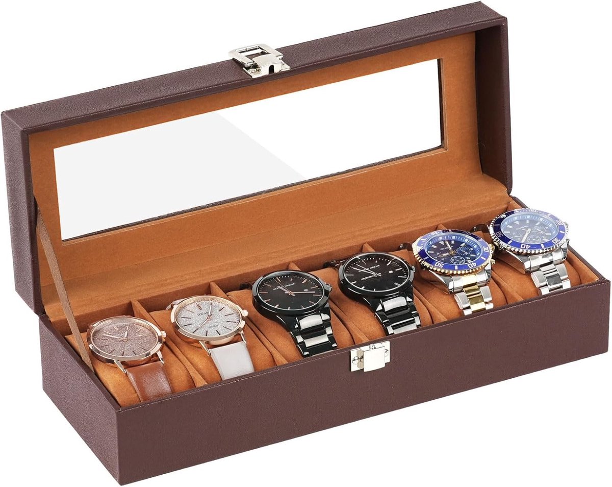 Houten horlogedoos met 6 vakken, glazen deksel, PU-leer, opbergdoos voor horloges en sieraden, inclusief verwijderbare kussens voor armbanden en bangles (Bruin)