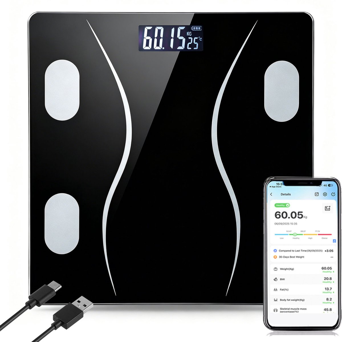 Digitale Personenweegschaal - Bluetooth Weegschaal - Weegbereik tot 180 kg - LCD-Display met kg/lb - Automatische Step-On Activatie - OKOK-App en Oplaadbare Accu - Voor Dagelijks Wegen Thuis