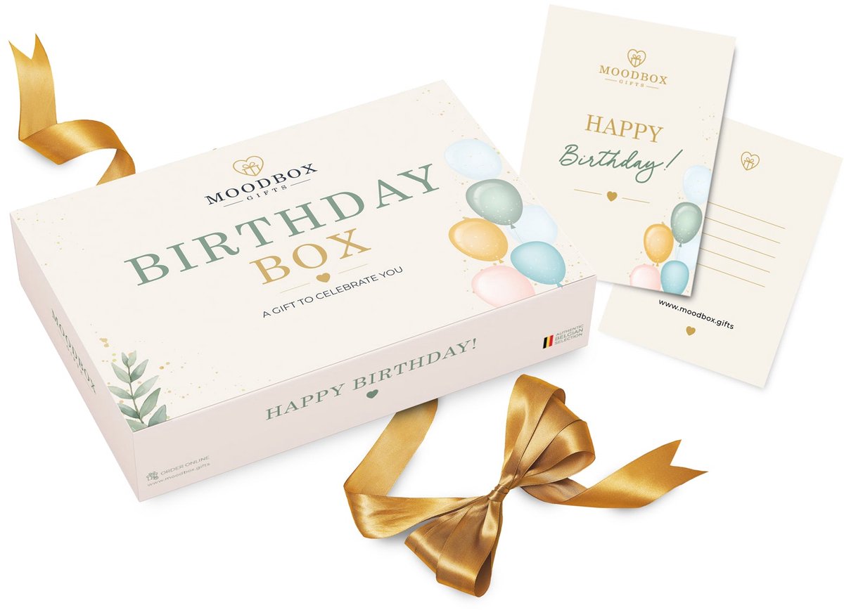 Moodbox Gifts - Birthday Box Prestige - Luxe Belgisch Cadeaupakket met Chocolade, Koffie, Thee en Lekkernijen - Gepersonaliseerde Boodschapkaart