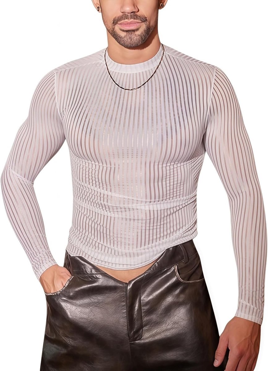 Transparant Langsleeve Shirt voor Mannen, Mesh Top met Ronde Hals, Y2K Stijl, Perfect voor Feestjes en Nachtkleding, Gestreept T-Shirt voor Clubwear