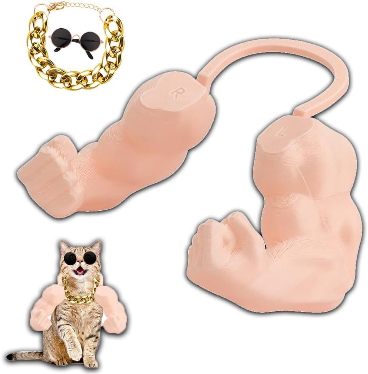 Grappig kattenkostuum met 3D gespierde armen, perfect voor creatieve feestjes en fotoshoots met zonnebril en gouden ketting