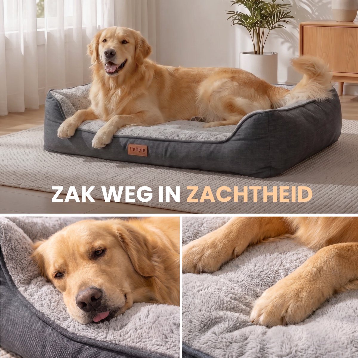 Pebble Orthopedische Hondensofa - Fleece - Grijs - Afneembaar - Wasbaar - 82x50 cm thumbnail 3