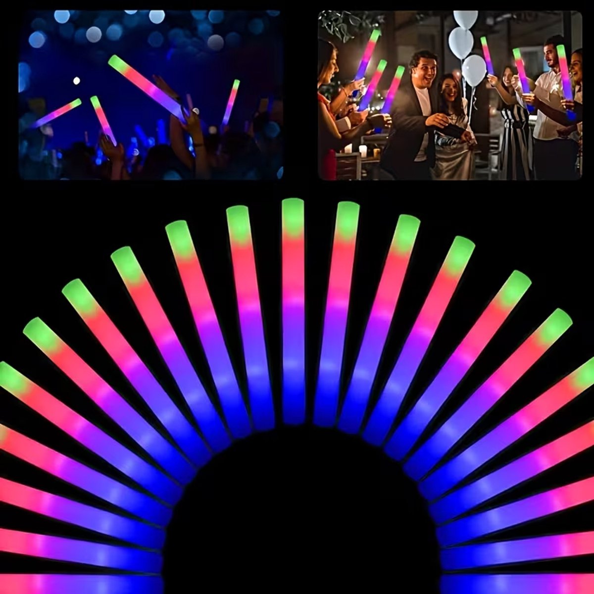 casalora—Verpakking van 24 glowsticks van 48 cm met 3 ledjes (glittersticks van schuim) — met drie knipperstanden — geschikt voor evenementen 's nachts zoals feesten, bruiloften, verjaardagen, concerten, Kerstmis en Halloween
