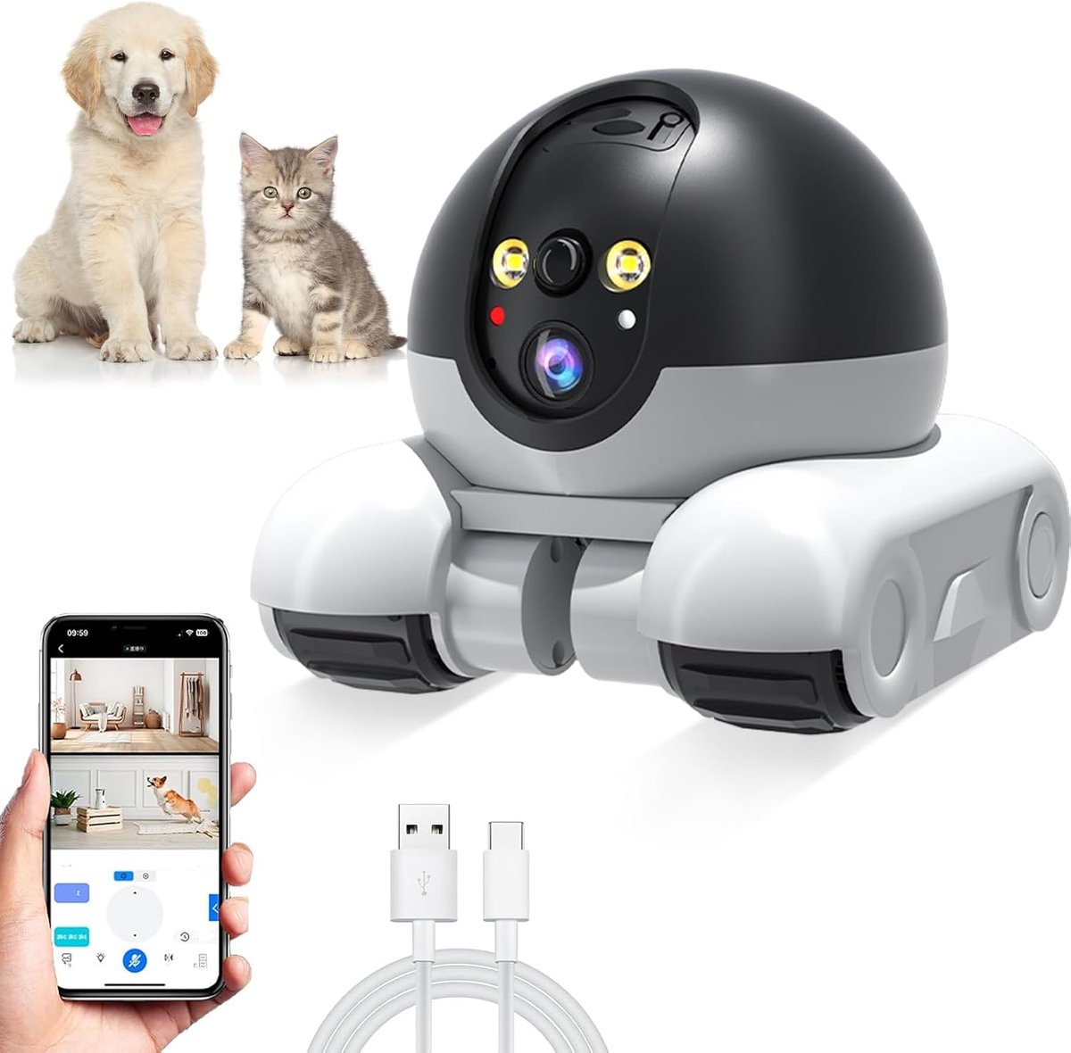 Huisdiercamera Verrijdbaar - 360 ° - Babyfoon - Beveiligingscamera - Binnencamera - Camera Robot - Interactief - App - Wifi