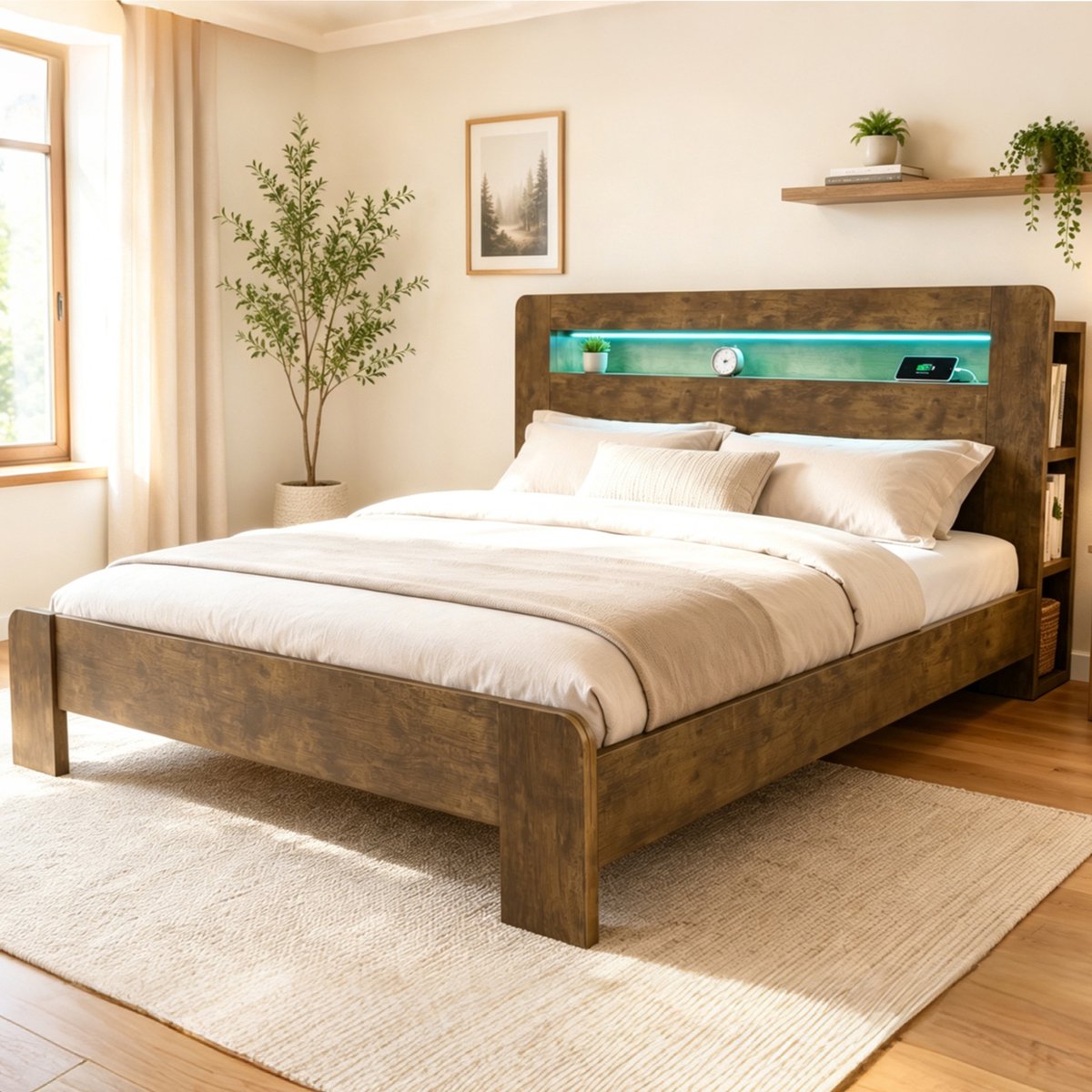 VVBV Tweepersoonsbed 180x200 cm - Opbergruimte, Stopcontact, LED-Verlichting, Ruimtebesparend - Houtkleur, Hout