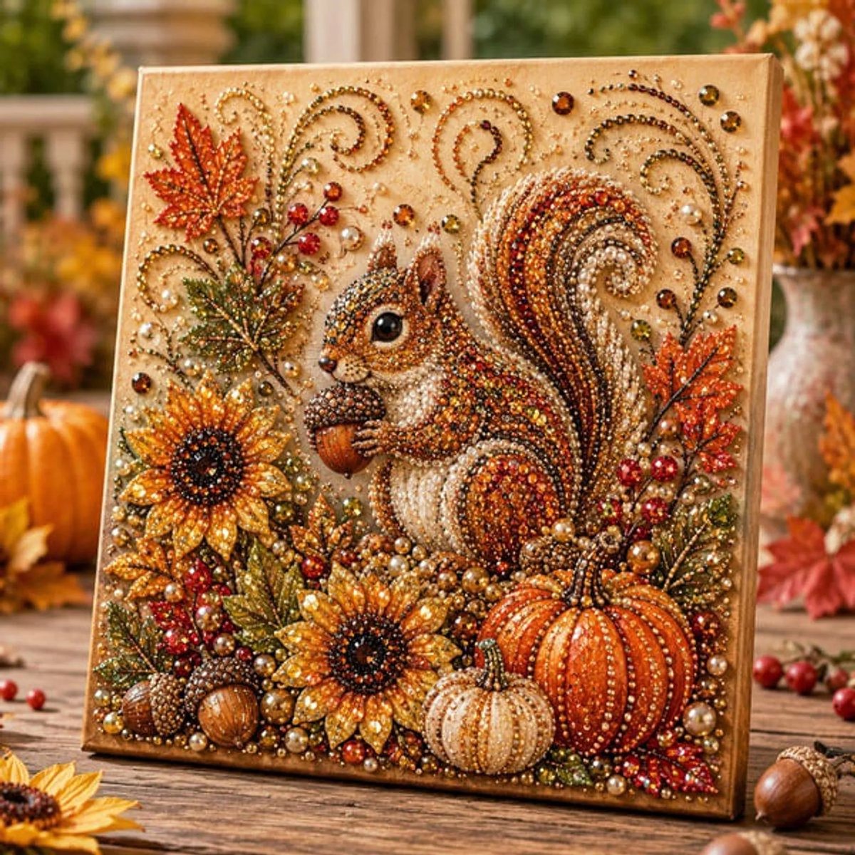 Casalora® Herfst Parel Diamond Painting – DIY 3D Eekhoorn Kunstwerk – Sprankelende Parelschildering met Voorgespannen Frame – Creatieve Hobby voor Volwassenen – Herfstdecoratie – 20 × 20 cm