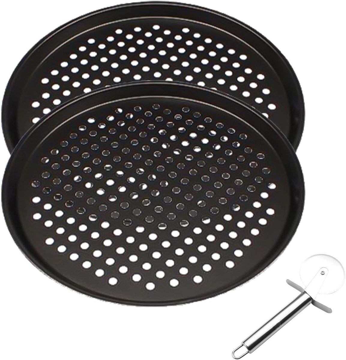 Set van 2 Perforated Pizza Plates 31.7 cm met Pizza Cutter voor Perfecte Knapperige Bodem, Ideaal voor Oven, Diepvries Pizza en Zelfgemaakte Pizza