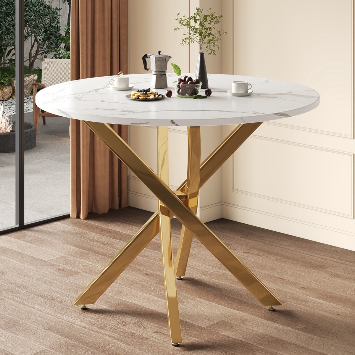 Pugsdrly Ronde eettafel (80 x 80 x 75 cm) met gemarmerd tafelblad, vergulde poten. Ook te gebruiken als salontafel of bijzettafel. Moderne, minimalistische stijl, goud + wit