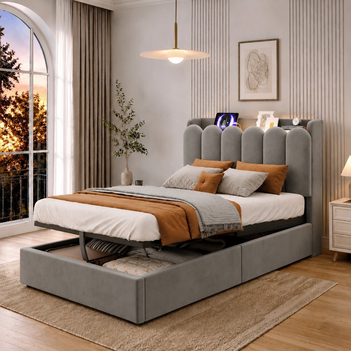 Pugsdrly Gestoffeerd bed, eenpersoonsbed, kinderbed 90 x 200 cm, hydraulisch functioneel bed, bed met lattenbodem, gestoffeerd hoofdeinde, ruime opbergruimte en USB- en Type-C-oplaadstation en leeslamp, fluweel, grijs