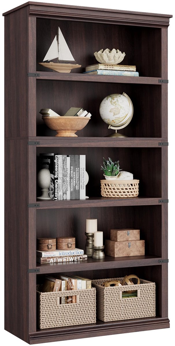 Boekenkast 5 Lagen - 80x32x171cm - Boekenkast Vintage Hoog - Opbergkast Open Vakken - Displaykast Vrijstaand - Voor Woonkamer En Kantoor - Walnootkleur