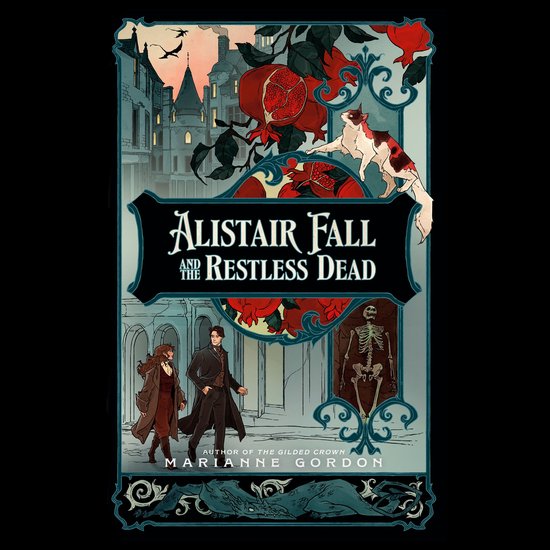 Boekomslag van Alistair Fall and the Restless Dead met een paar in victoriaanse kleding, een skelet, een kat en granaatappels.