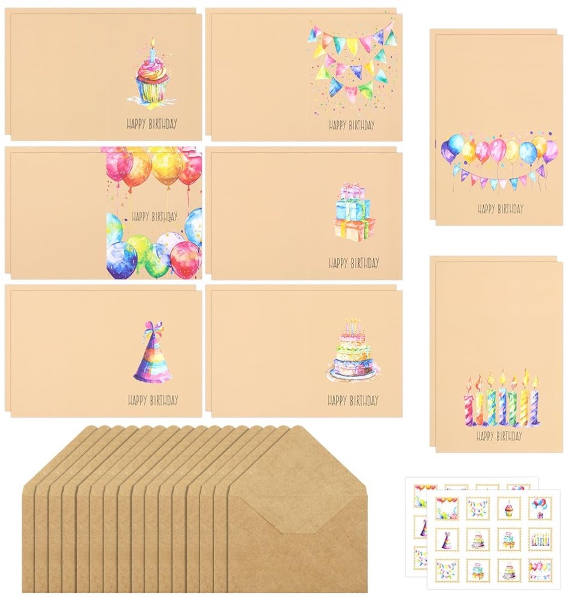 SolidKeus - 16 Stuks Verjaardagskaarten met Enveloppen en Stickers