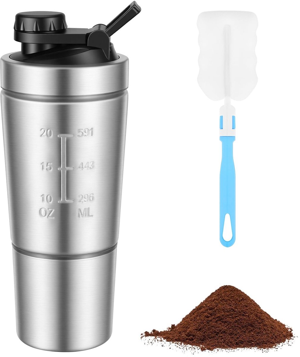SolidKeus - Eiwit Shaker Fles van Roestvrij Staal met Mixbal en Extra Compartiment