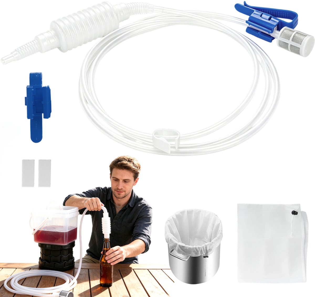 Zelf Bier Brouwen Bierpakket - Filter Set - 2,5m Siliconen Sifon - 40x46 cm Filterzak - Bierbrouwpakket - Voor Fermentatie - Bier Wijn en Cider - Herbruikbaar